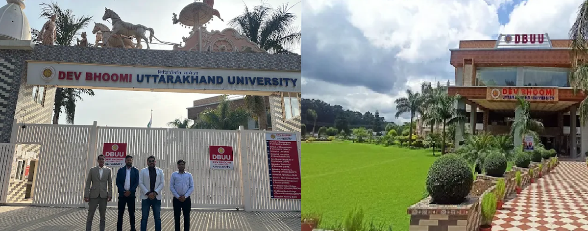 Dev Bhoomi Uttarakhand University (DBUU) Manduwala campus with modern architecture and Himalayan foothills